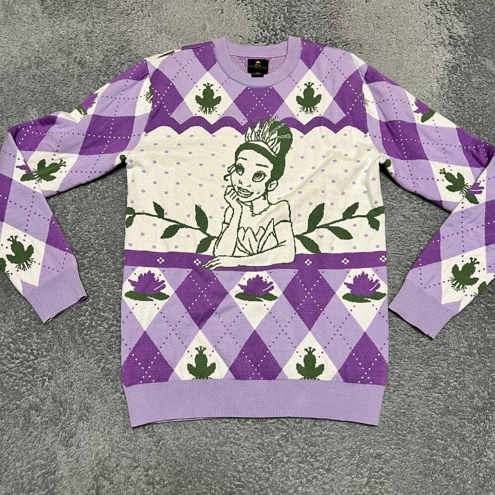 Disney Sweater Womens XXS Princess Tiana Princess & the Frog Purple Argyle